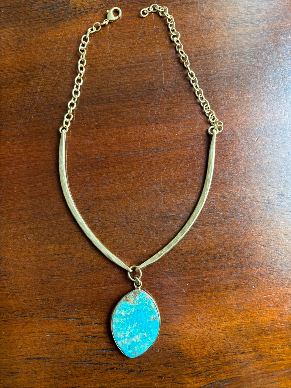 Gold-Tone Necklace with Turquoise Blue Marquise Pendant